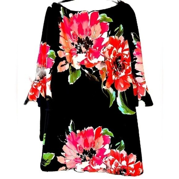 Tahari ASL Black‎ Floral Pattern Bell Sleeve Shift Dress Size 12 - Picture 1 of 12